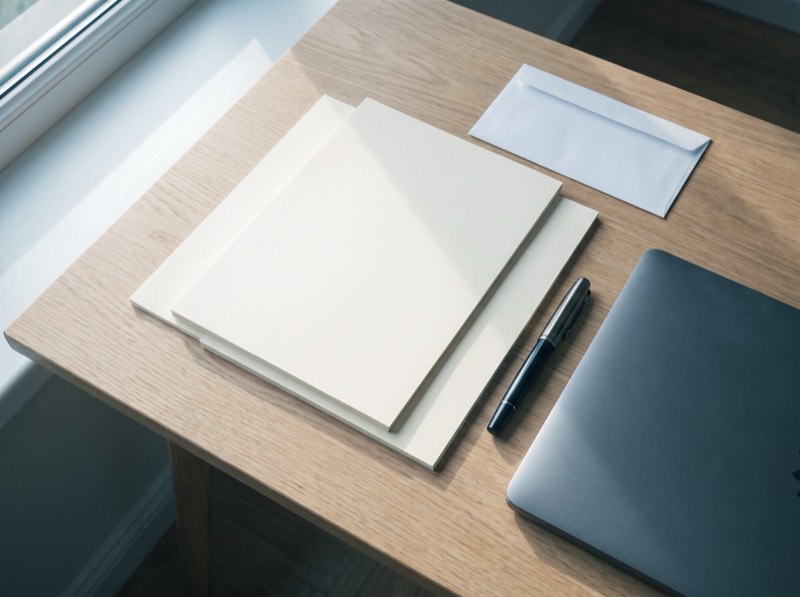 Bureau en chêne clair avec des feuilles blanches, une enveloppe et un stylo plume