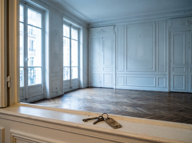 Appartement vide aux parquets en point de Hongrie, un trousseau de clés posé sur le rebord de la fenêtre