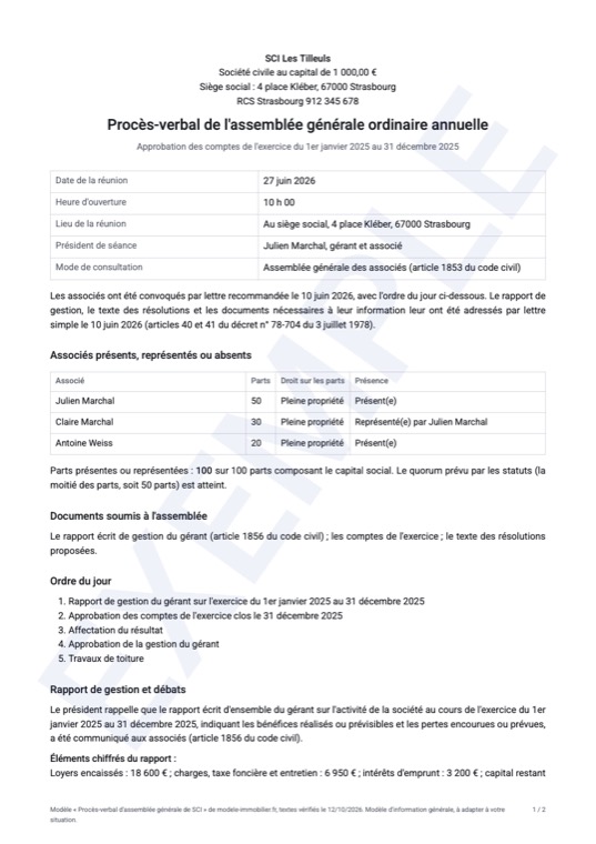 Exemple rempli du modèle de procès-verbal d'assemblée générale de SCI : première page du document généré