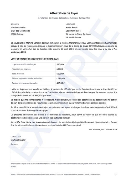 Exemple rempli du modèle d'attestation de loyer : première page du document généré