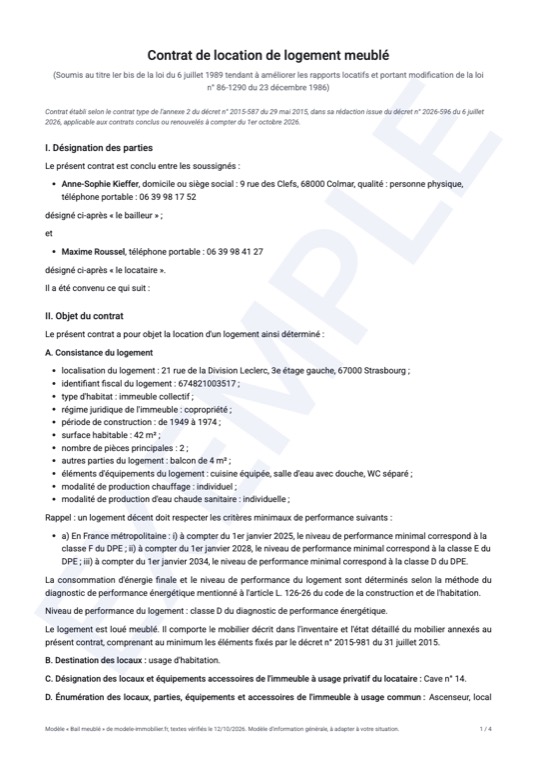 Exemple rempli du modèle de bail meublé : première page du document généré
