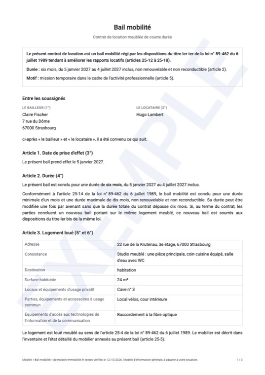 Exemple rempli du modèle de bail mobilité : première page du document généré
