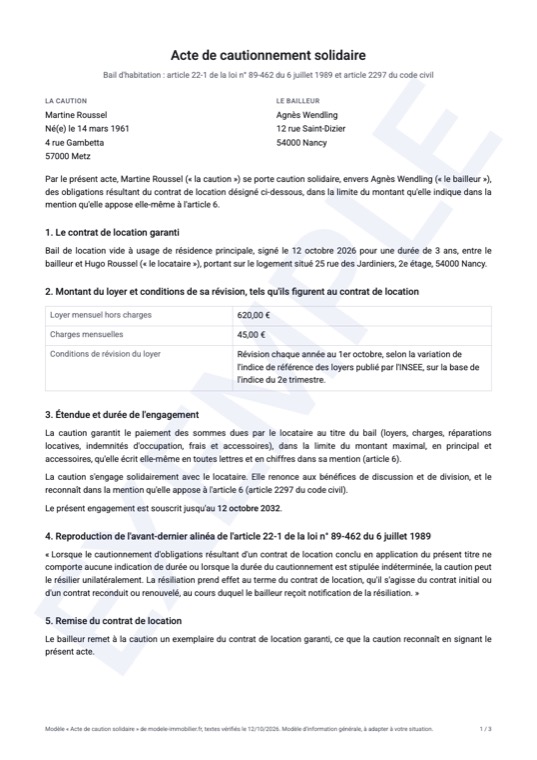 Exemple rempli du modèle d'acte de caution solidaire : première page du document généré