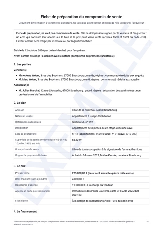 Exemple rempli du modèle de fiche de préparation du compromis de vente : première page du document généré