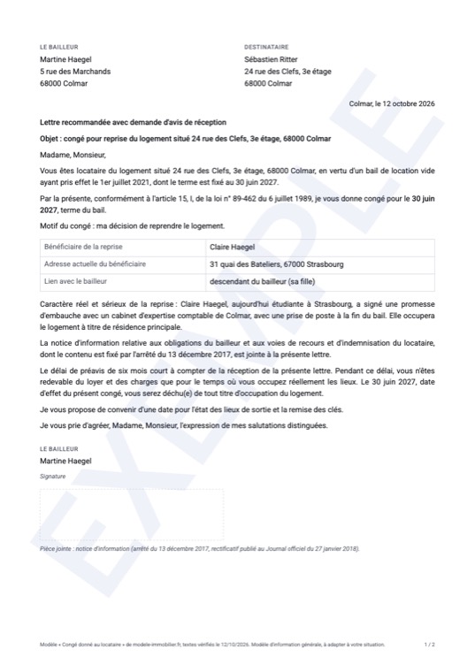 Exemple rempli du modèle de lettre de congé au locataire : première page du document généré