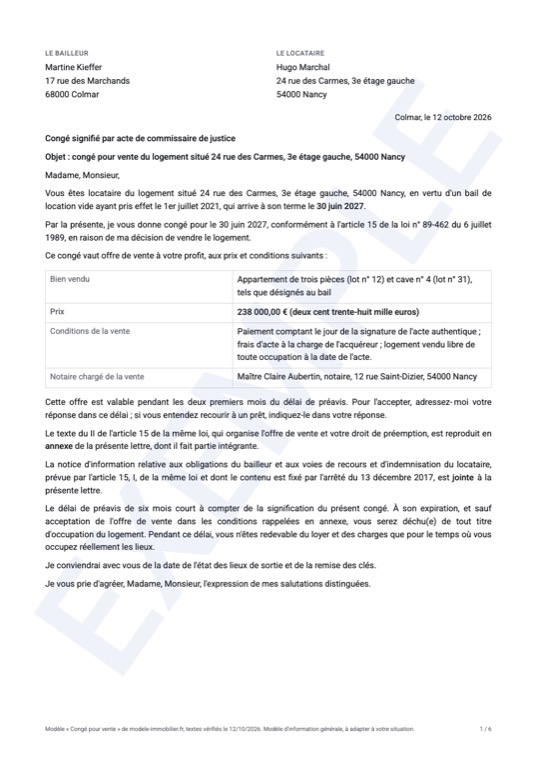 Exemple rempli du modèle de congé pour vente : première page du document généré