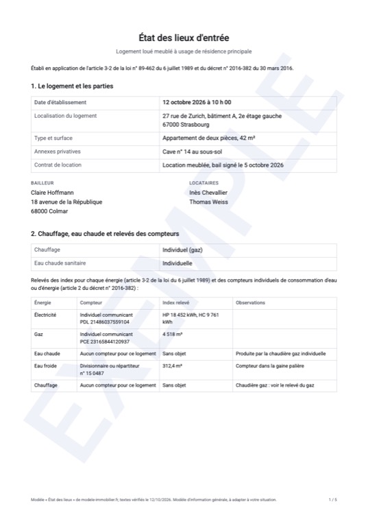 Exemple rempli du modèle d'état des lieux : première page du document généré