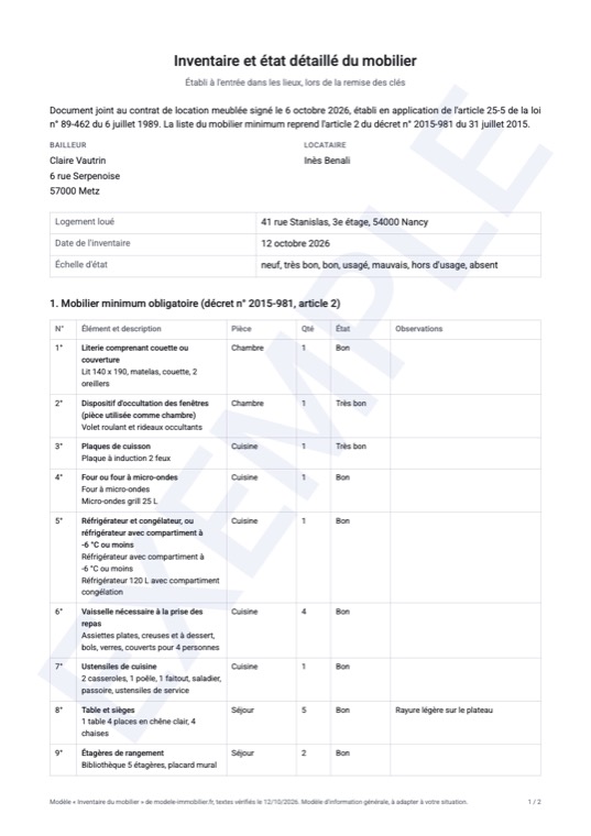 Exemple rempli du modèle d'inventaire du mobilier : première page du document généré