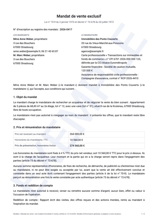 Exemple rempli du modèle de mandat de vente : première page du document généré