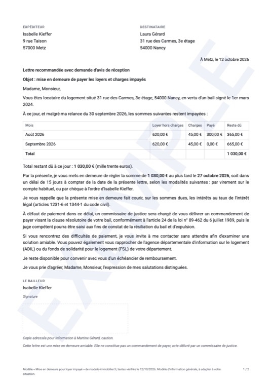 Exemple rempli du modèle de mise en demeure pour loyer impayé : première page du document généré