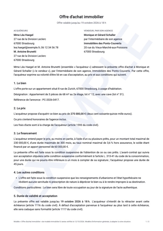 Exemple rempli du modèle d'offre d'achat immobilier : première page du document généré
