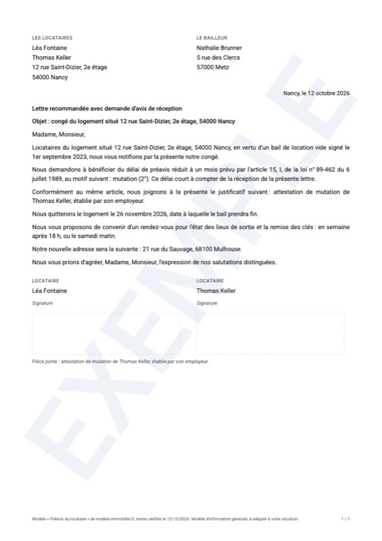 Exemple rempli du modèle de lettre de préavis du locataire : première page du document généré