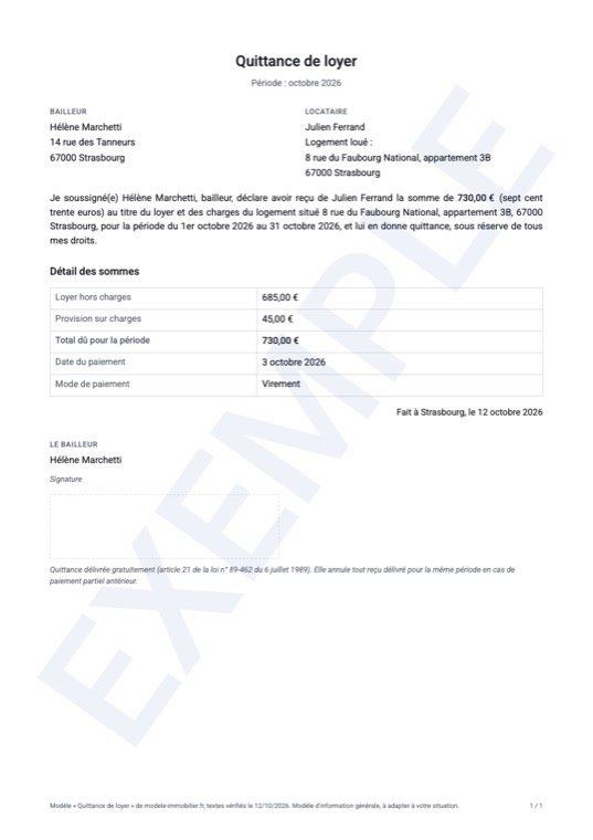 Exemple rempli du modèle de quittance de loyer : première page du document généré