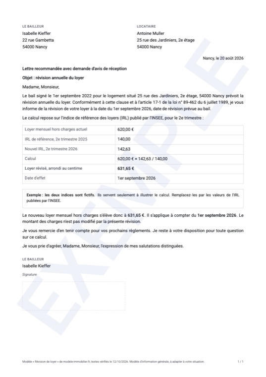 Exemple rempli du modèle de lettre de révision de loyer : première page du document généré