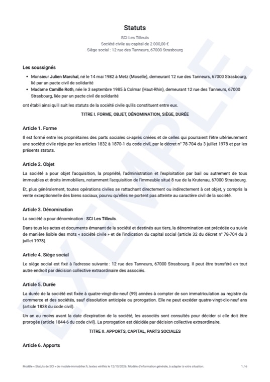 Exemple rempli du modèle de statuts de SCI : première page du document généré